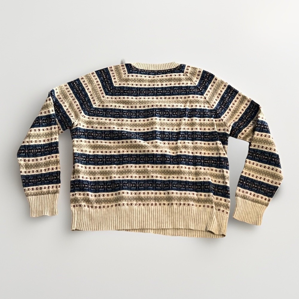 J Crew Men's Striped Fair Isle Crew Neck Sweater Size XL  Beige Blue - Picture 2 of 6
